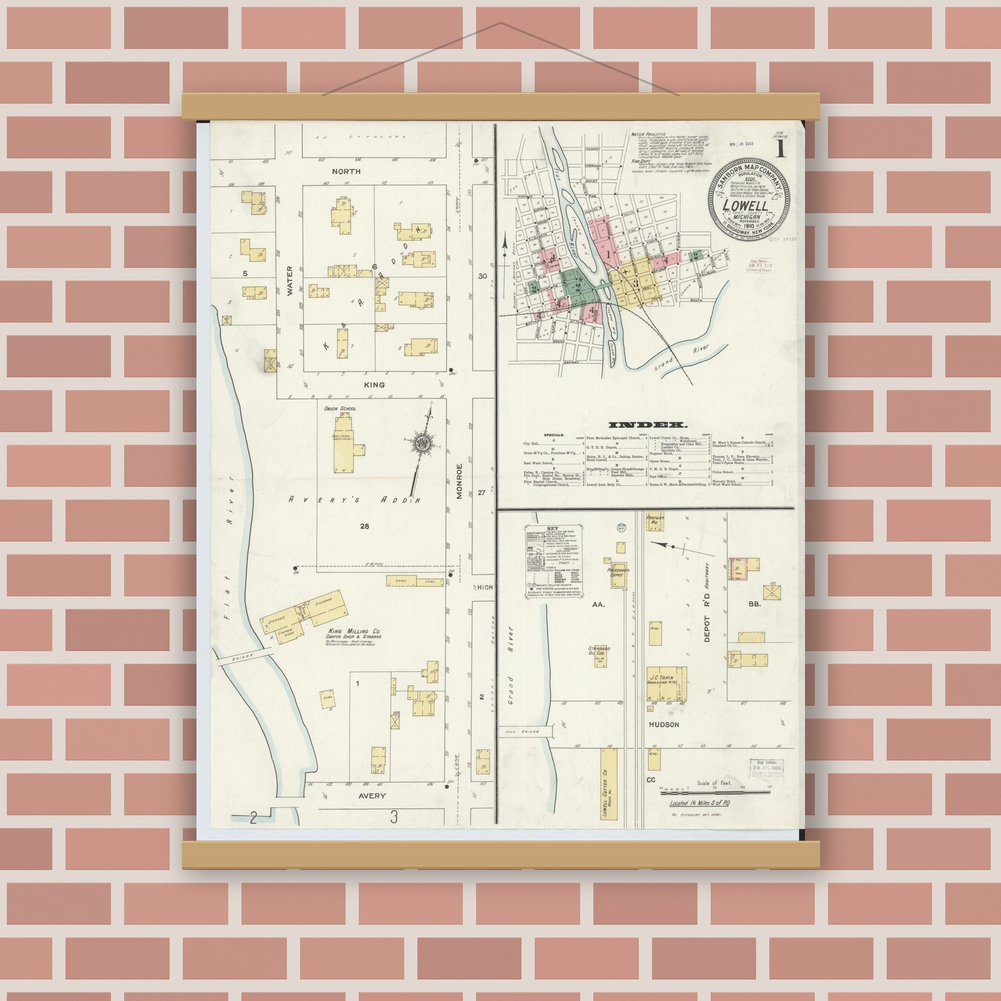 Old map wall art mockup — magnetic wood frame on brick wall — Sanborn Fire Insurance Map from Lowell, Kent County, Michigan (1910) - Complete Map Set