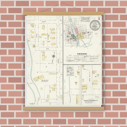 Old map wall art mockup — magnetic wood frame on brick wall — Sanborn Fire Insurance Map from Lowell, Kent County, Michigan (1910) - Complete Map Set