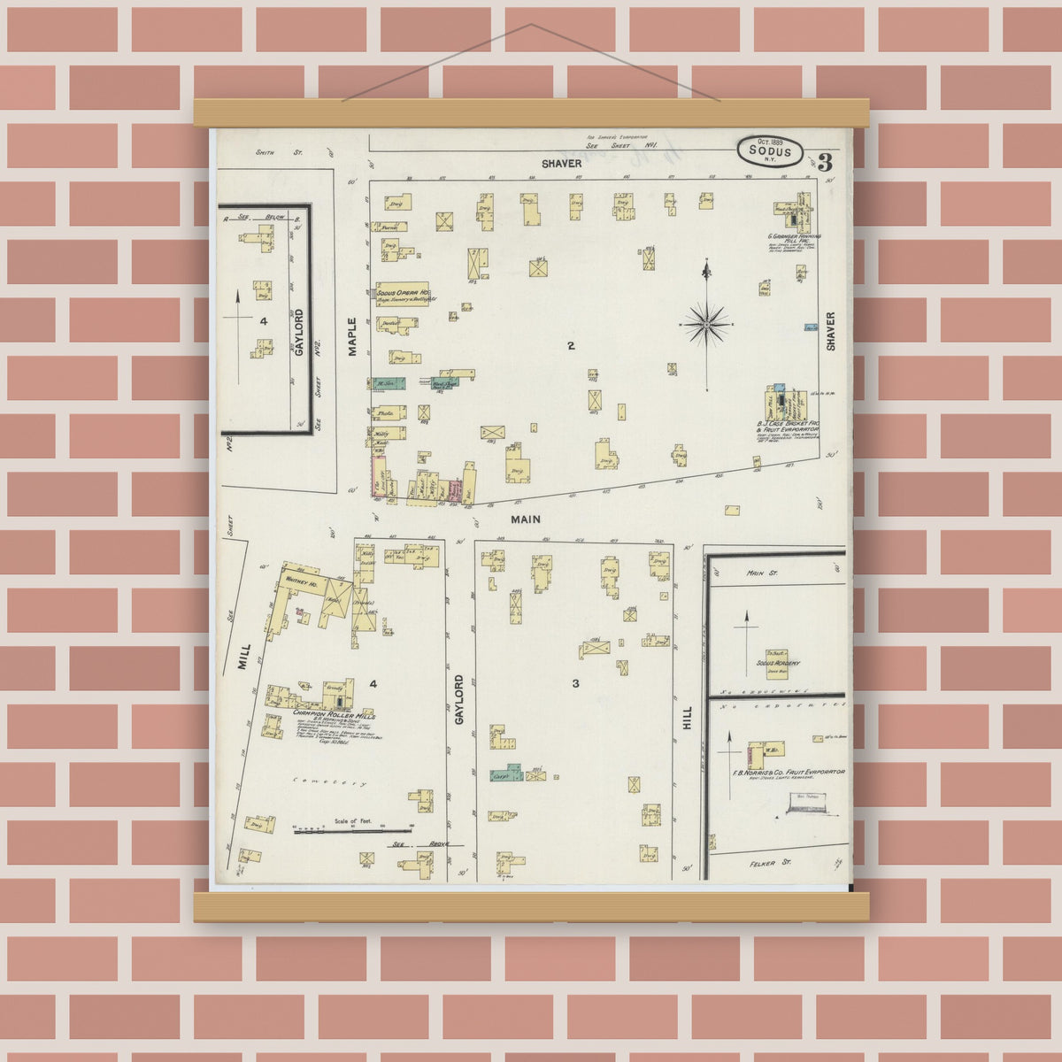 Old map wall art mockup — magnetic wood frame on brick wall — Sanborn Fire Insurance Map from Sodus, Wayne County, New York (1889), Sheet #0003