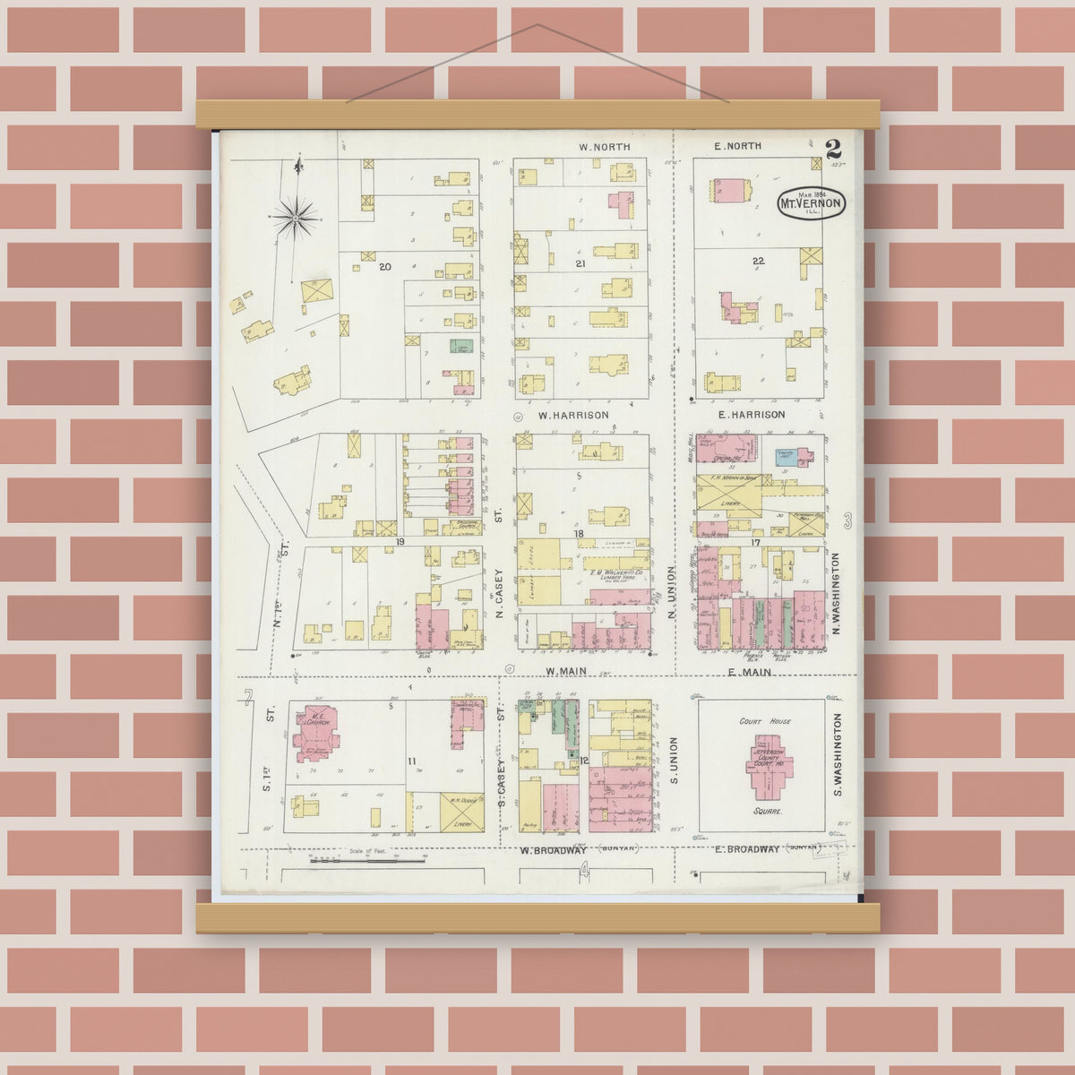 Old map wall art mockup — magnetic wood frame on brick wall — Sanborn Fire Insurance Map from Mount Vernon, Jefferson County, Illinois (1894), Sheet #0002