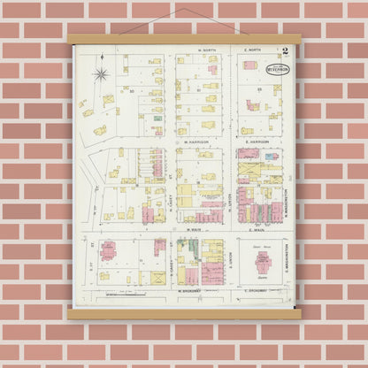 Old map wall art mockup — magnetic wood frame on brick wall — Sanborn Fire Insurance Map from Mount Vernon, Jefferson County, Illinois (1894), Sheet #0002