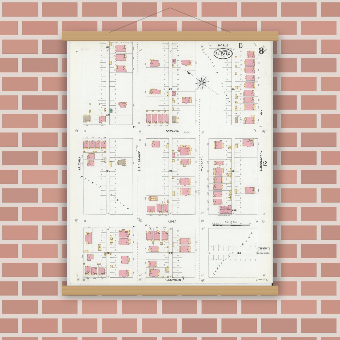 Old map wall art mockup — magnetic wood frame on brick wall — Sanborn Fire Insurance Map from El Paso, El Paso County, Texas (1905), Sheet #0008