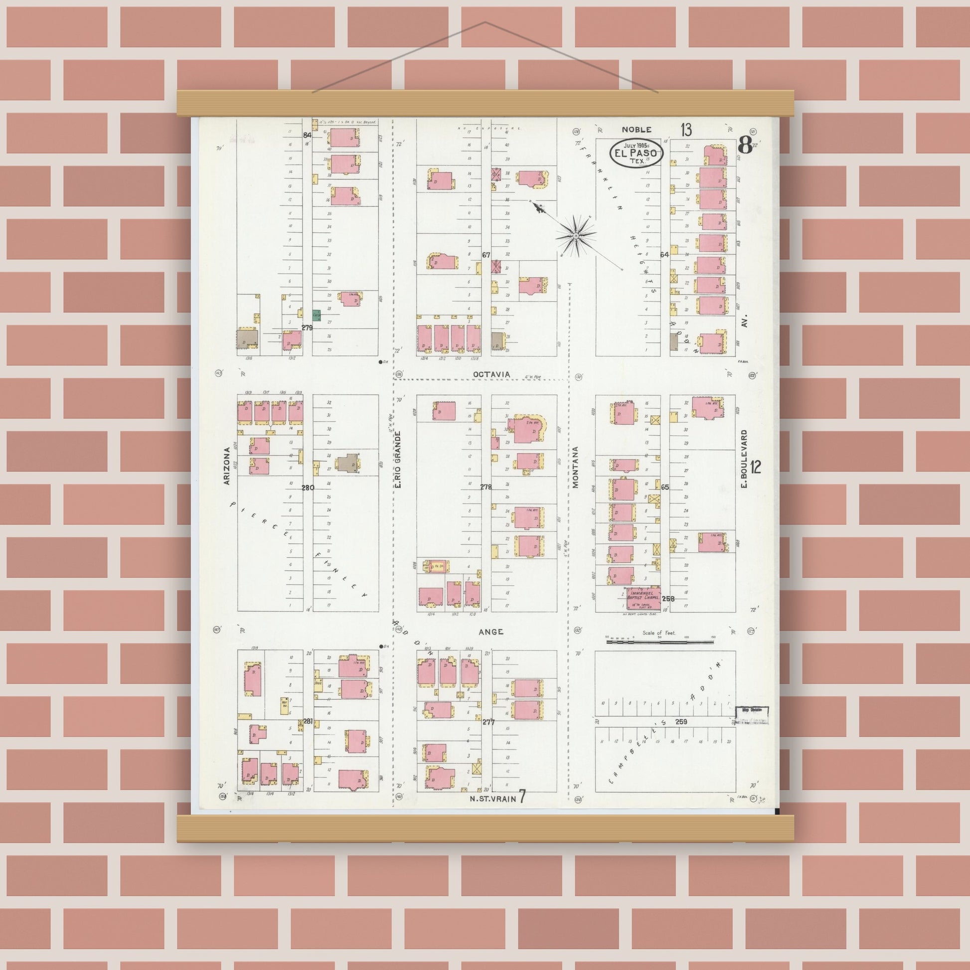 Old map wall art mockup — magnetic wood frame on brick wall — Sanborn Fire Insurance Map from El Paso, El Paso County, Texas (1905), Sheet #0008