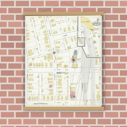 Old map wall art mockup — magnetic wood frame on brick wall — Sanborn Fire Insurance Map from Centralia, Marion, Clinton, Jefferson, and Washington Counties, Illinois (1916), Sheet #0002