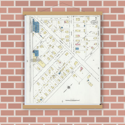 Old map wall art mockup — magnetic wood frame on brick wall — Sanborn Fire Insurance Map from Elmore, Ottawa County, Ohio (1920), Sheet #0007