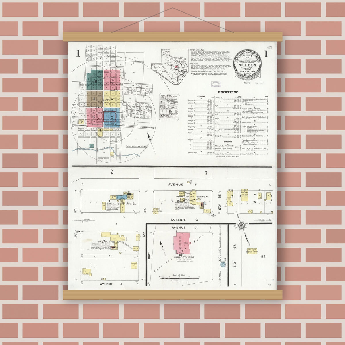 Old map wall art mockup — magnetic wood frame on brick wall — Sanborn Fire Insurance Map from Killeen, Bell County, Texas (1926) - Complete Map Set