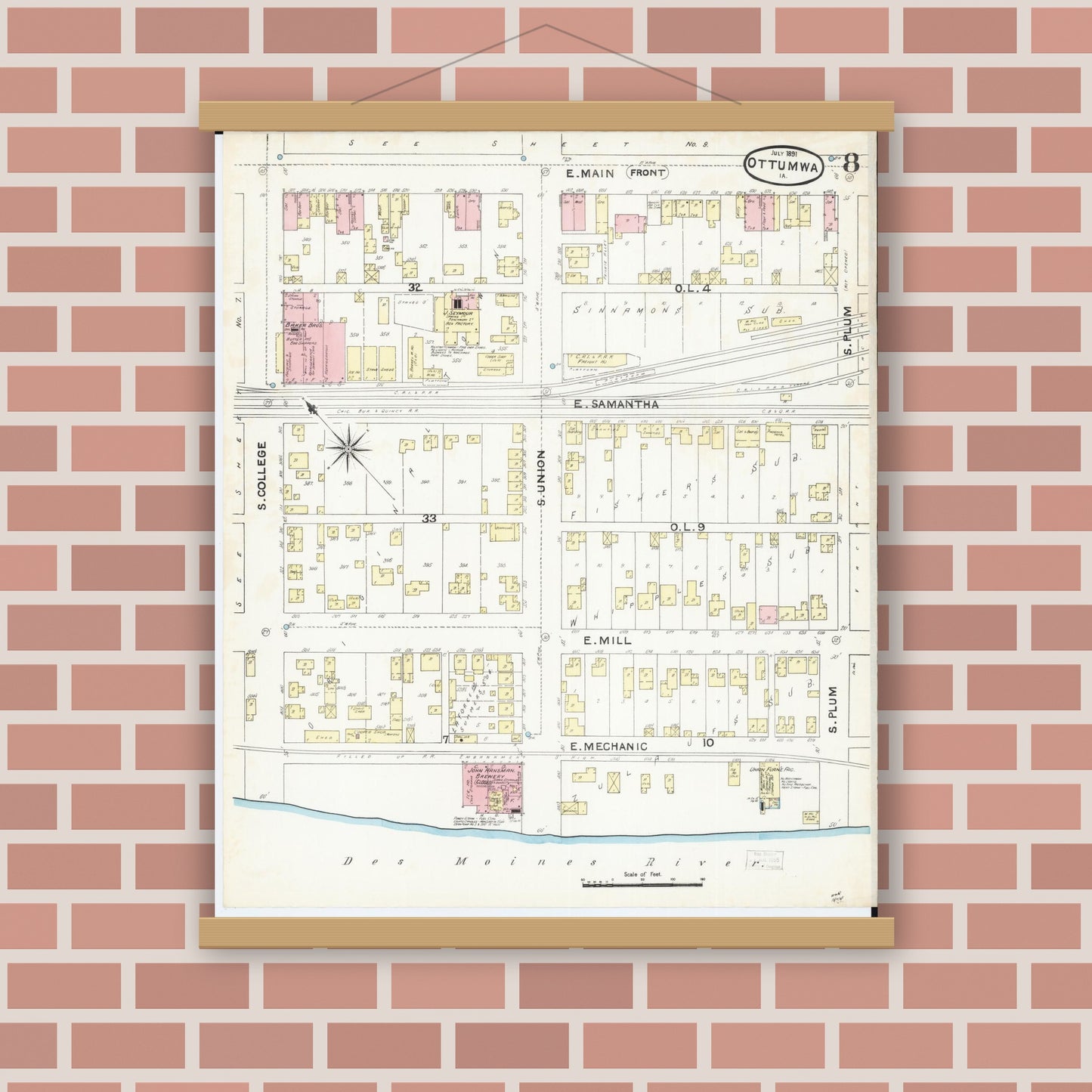 Old map wall art mockup — magnetic wood frame on brick wall — Sanborn Fire Insurance Map from Ottumwa, Wapello County, Iowa (1891), Sheet #0008