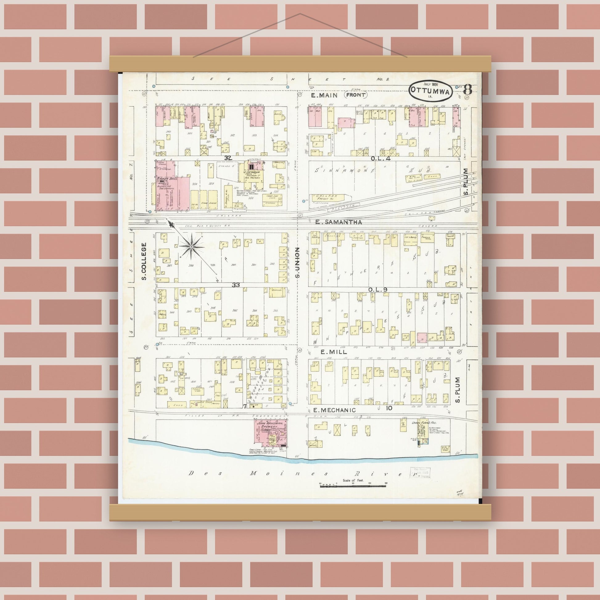 Old map wall art mockup — magnetic wood frame on brick wall — Sanborn Fire Insurance Map from Ottumwa, Wapello County, Iowa (1891), Sheet #0008