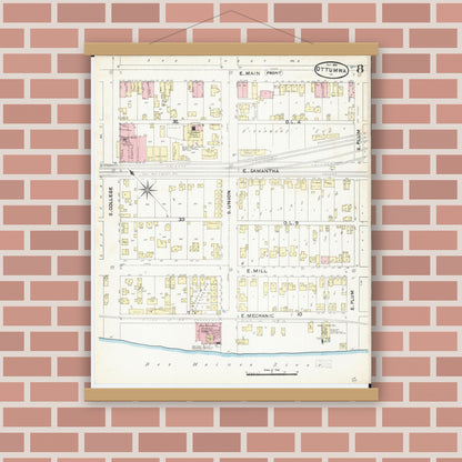 Old map wall art mockup — magnetic wood frame on brick wall — Sanborn Fire Insurance Map from Ottumwa, Wapello County, Iowa (1891), Sheet #0008