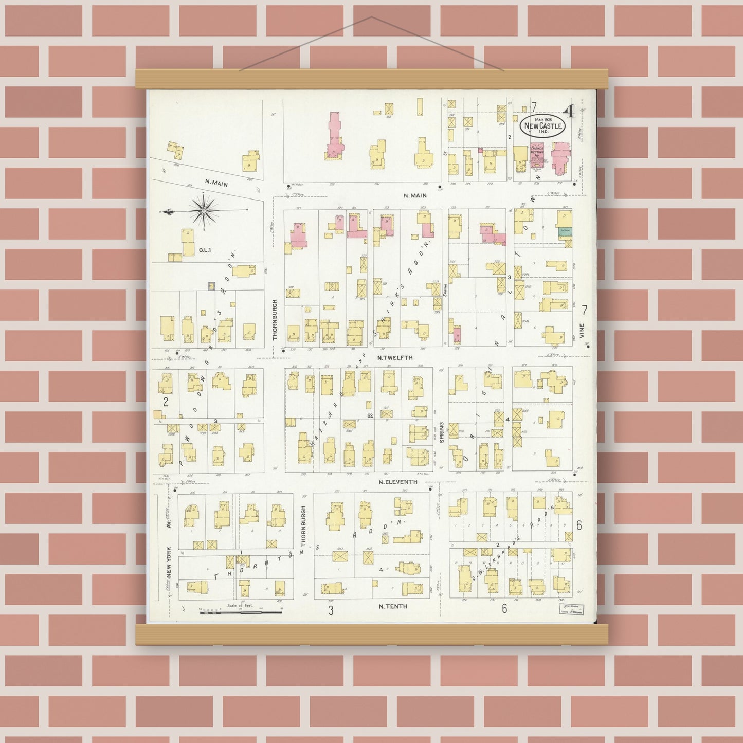 Old map wall art mockup — magnetic wood frame on brick wall — Sanborn Fire Insurance Map from New Castle, Henry County, Indiana (1908), Sheet #0004