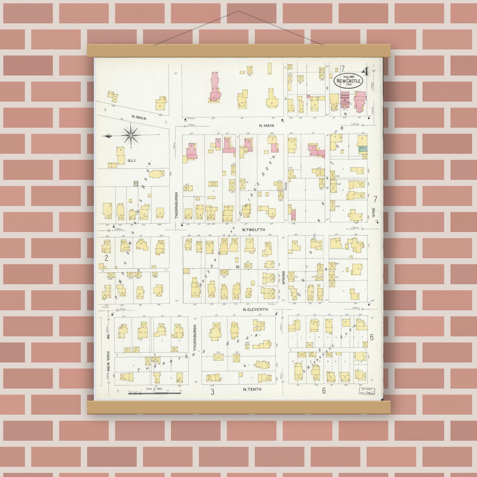 Old map wall art mockup — magnetic wood frame on brick wall — Sanborn Fire Insurance Map from New Castle, Henry County, Indiana (1908), Sheet #0004