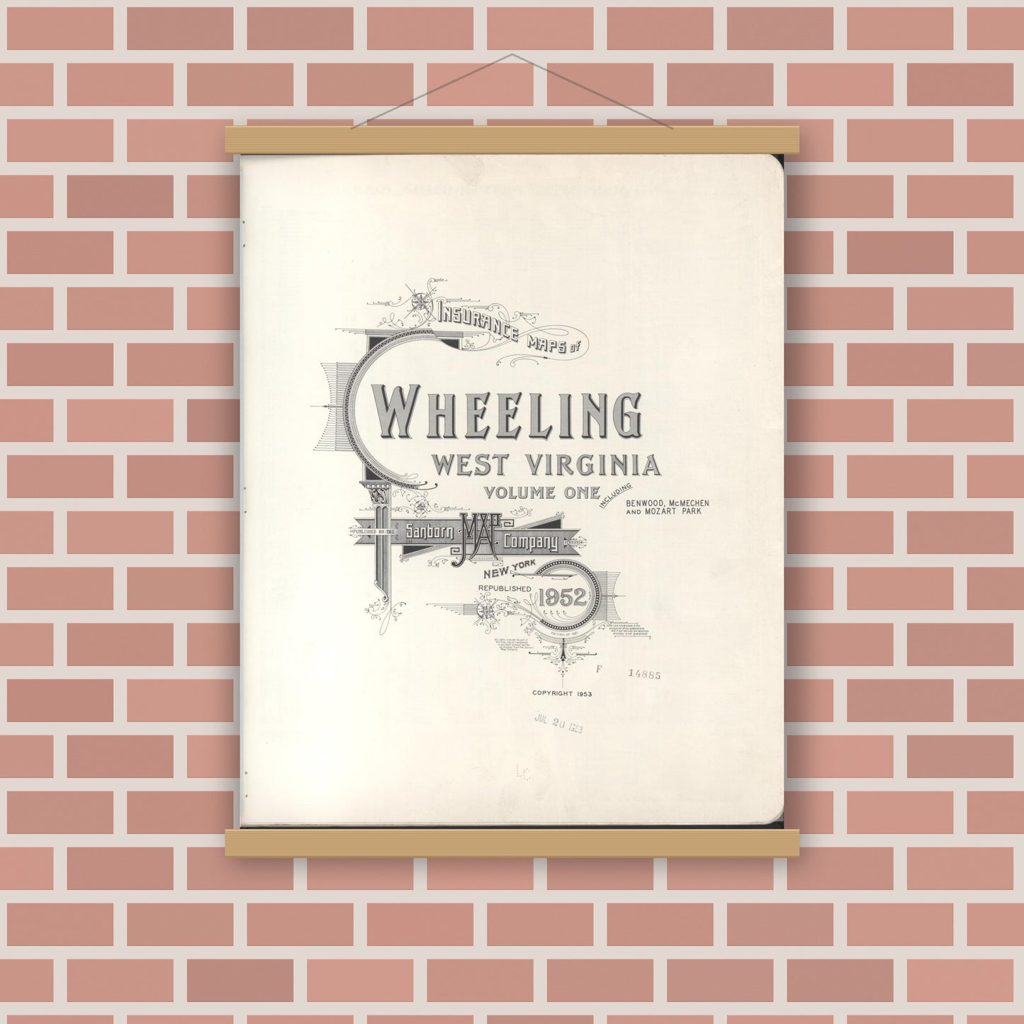 Old map wall art mockup — magnetic wood frame on brick wall — Sanborn Fire Insurance Map from Wheeling, Ohio County, West Virginia (1952), Sheet #0001
