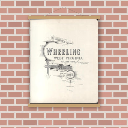 Old map wall art mockup — magnetic wood frame on brick wall — Sanborn Fire Insurance Map from Wheeling, Ohio County, West Virginia (1952), Sheet #0001