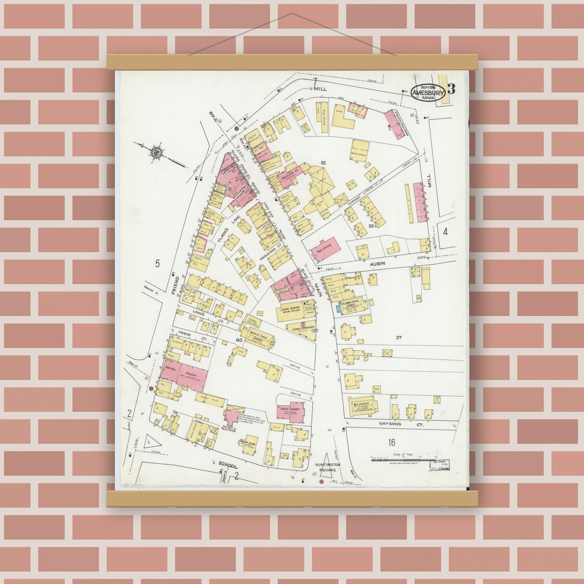 Old map wall art mockup — magnetic wood frame on brick wall — Sanborn Fire Insurance Map from Amesbury, Essex County, Massachusetts (1918), Sheet #0003