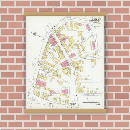 Old map wall art mockup — magnetic wood frame on brick wall — Sanborn Fire Insurance Map from Amesbury, Essex County, Massachusetts (1918), Sheet #0003