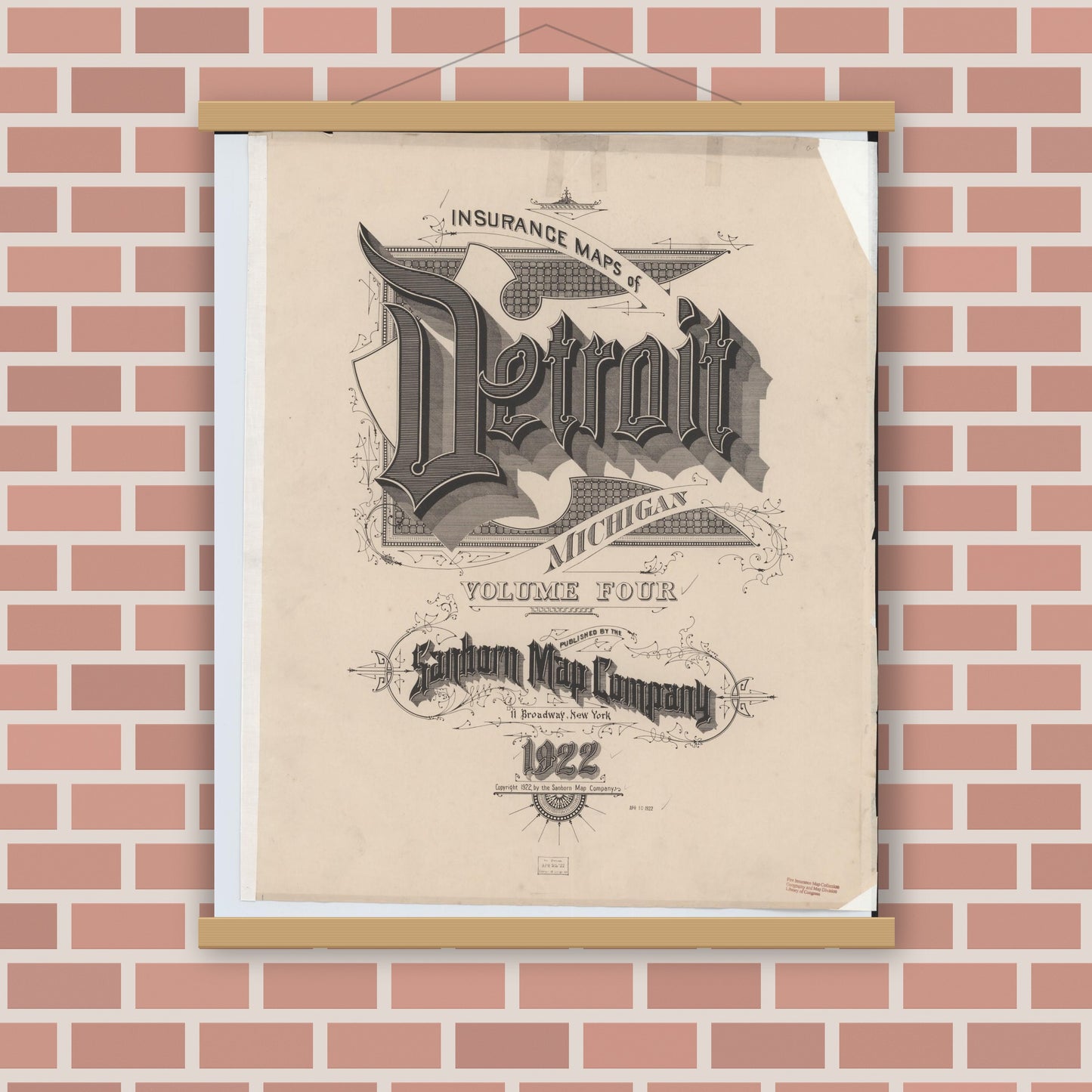 Old map wall art mockup — magnetic wood frame on brick wall — Sanborn Fire Insurance Map from Detroit, Wayne County, Michigan (1922), Sheet #0001