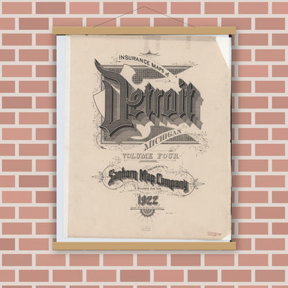 Old map wall art mockup — magnetic wood frame on brick wall — Sanborn Fire Insurance Map from Detroit, Wayne County, Michigan (1922), Sheet #0001