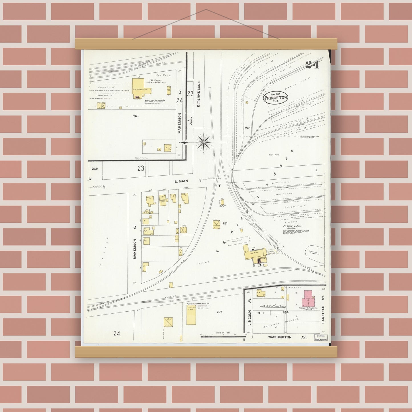 Old map wall art mockup — magnetic wood frame on brick wall — Sanborn Fire Insurance Map from Princeton, Gibson County, Indiana (1907), Sheet #0024