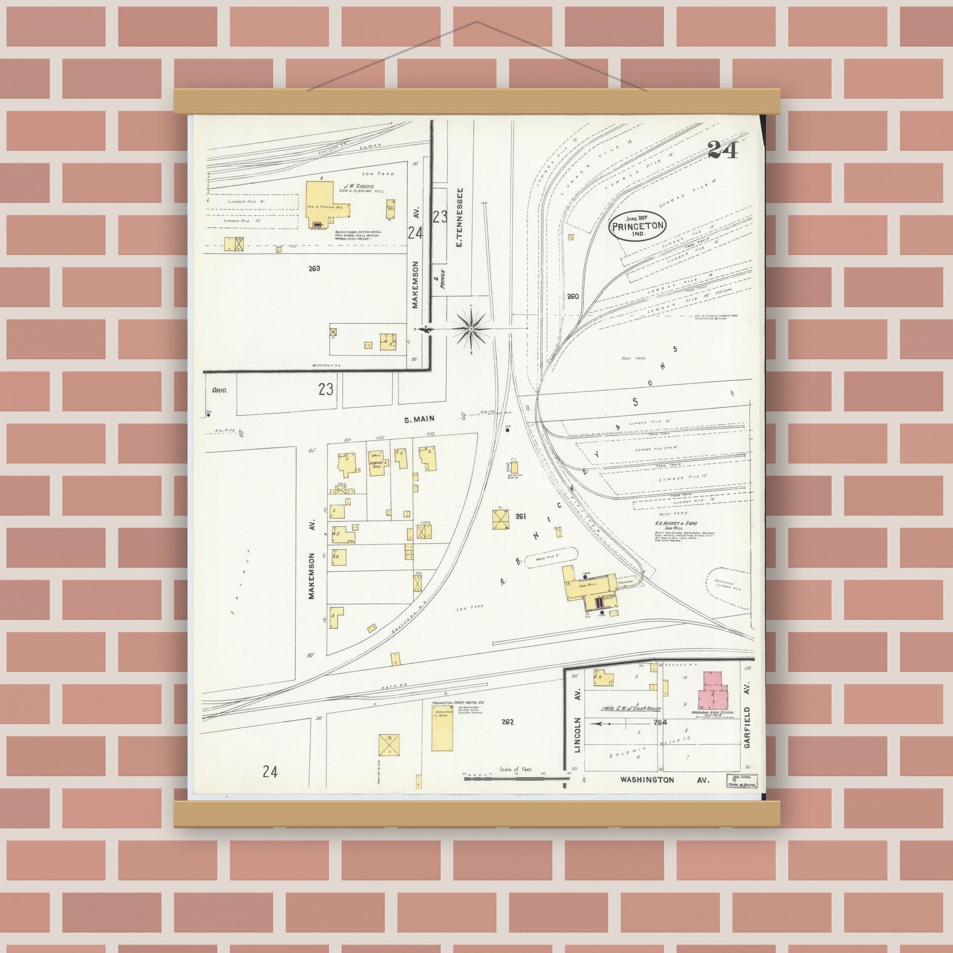 Old map wall art mockup — magnetic wood frame on brick wall — Sanborn Fire Insurance Map from Princeton, Gibson County, Indiana (1907), Sheet #0024