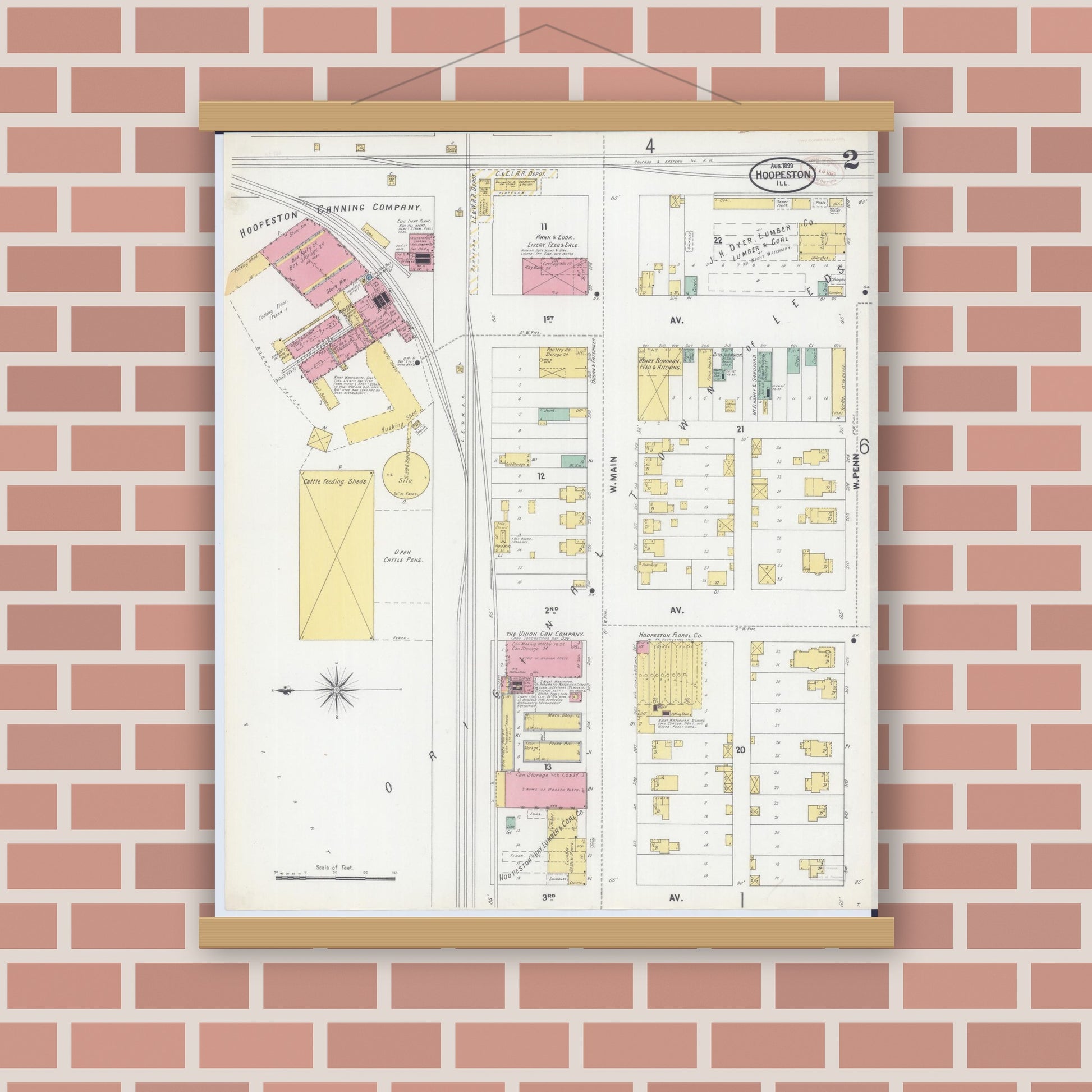 Old map wall art mockup — magnetic wood frame on brick wall — Sanborn Fire Insurance Map from Hoopeston, Vermilion County, Illinois (1899), Sheet #0002