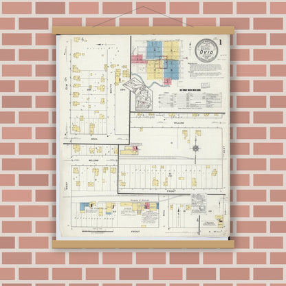 Old map wall art mockup — magnetic wood frame on brick wall — Sanborn Fire Insurance Map from Ovid, Clinton County, Michigan (1918) - Complete Map Set
