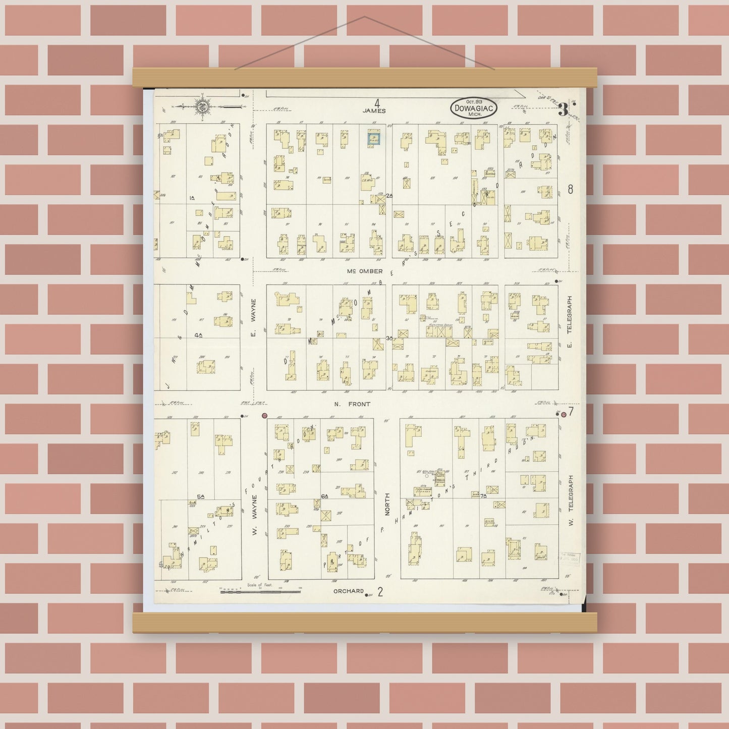 Old map wall art mockup — magnetic wood frame on brick wall — Sanborn Fire Insurance Map from Dowagiac, Cass County, Michigan (1913), Sheet #0003