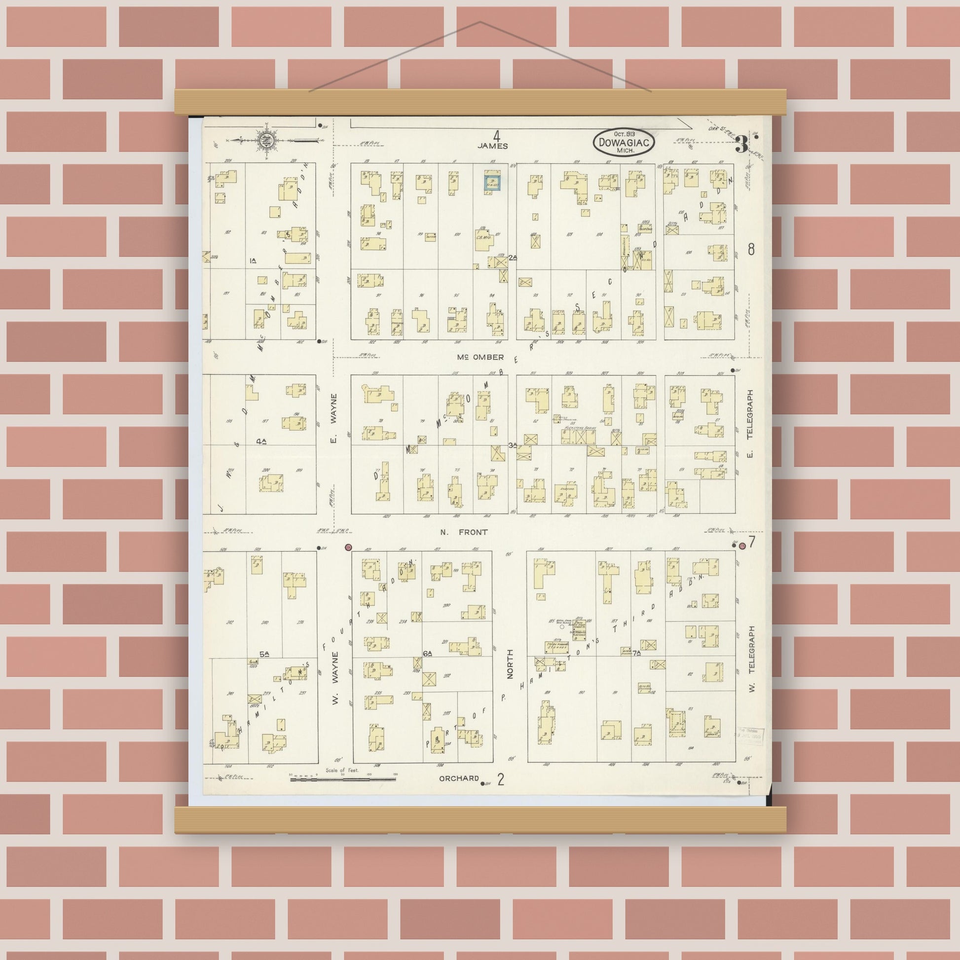 Old map wall art mockup — magnetic wood frame on brick wall — Sanborn Fire Insurance Map from Dowagiac, Cass County, Michigan (1913), Sheet #0003