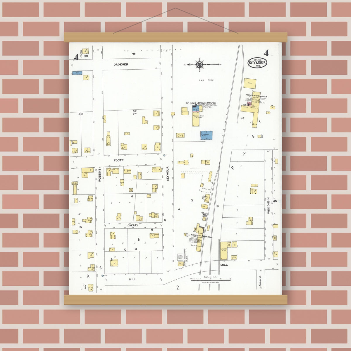 Old map wall art mockup — magnetic wood frame on brick wall — Sanborn Fire Insurance Map from Seymour, Outagamie County, Wisconsin (1923), Sheet #0004