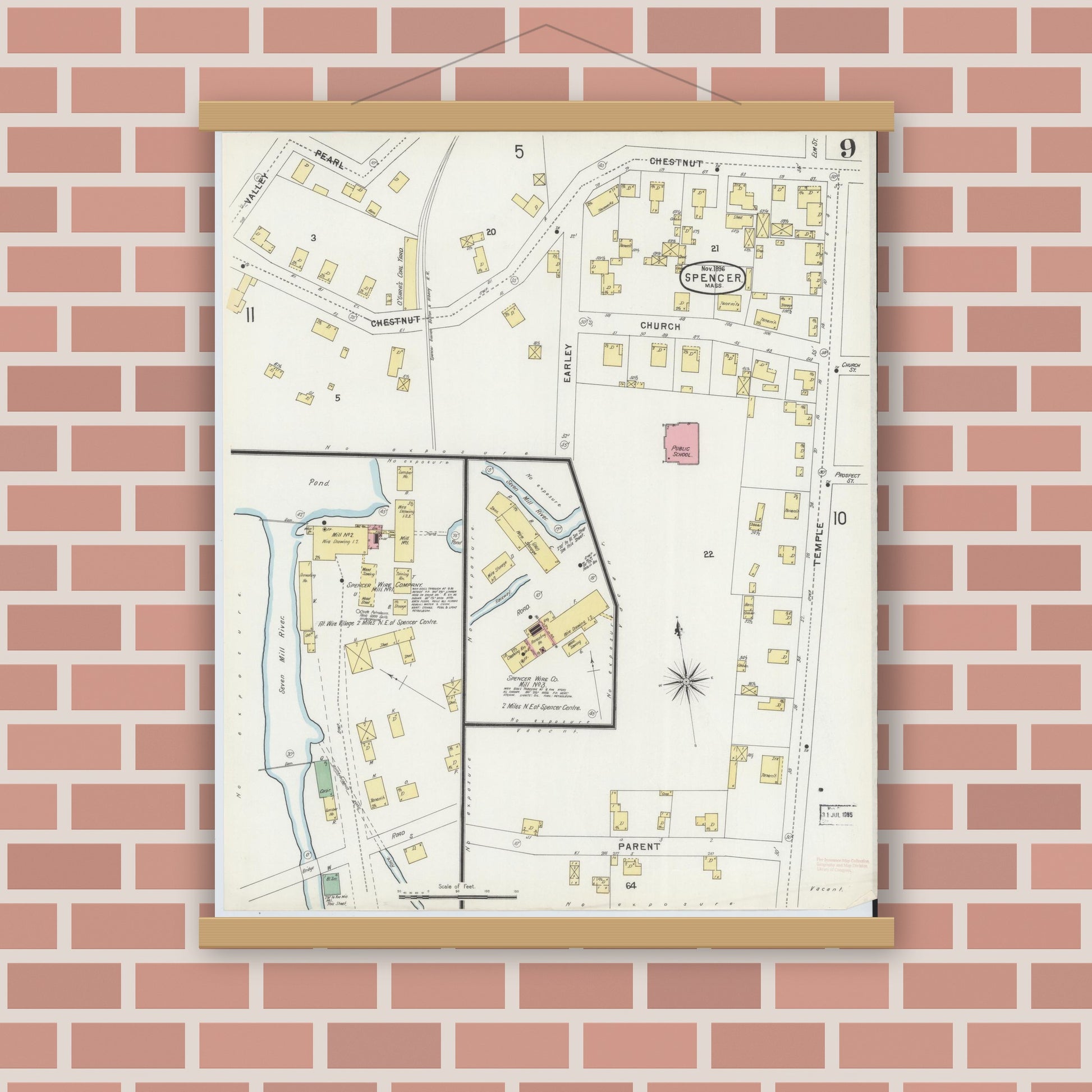 Old map wall art mockup — magnetic wood frame on brick wall — Sanborn Fire Insurance Map from Spencer, Worcester County, Massachusetts (1896), Sheet #0009
