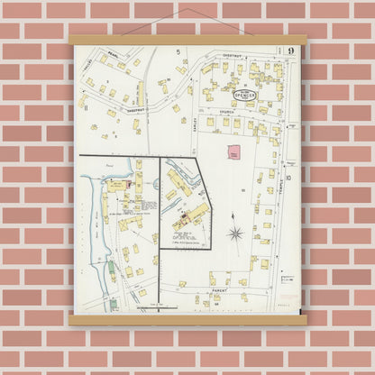 Old map wall art mockup — magnetic wood frame on brick wall — Sanborn Fire Insurance Map from Spencer, Worcester County, Massachusetts (1896), Sheet #0009