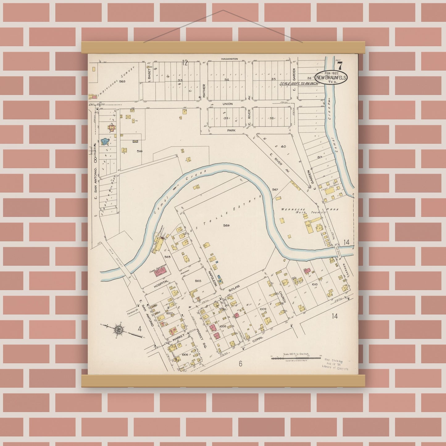 Old map wall art mockup — magnetic wood frame on brick wall — Sanborn Fire Insurance Map from New Braunfels, Comal County, Texas (1922), Sheet #0007