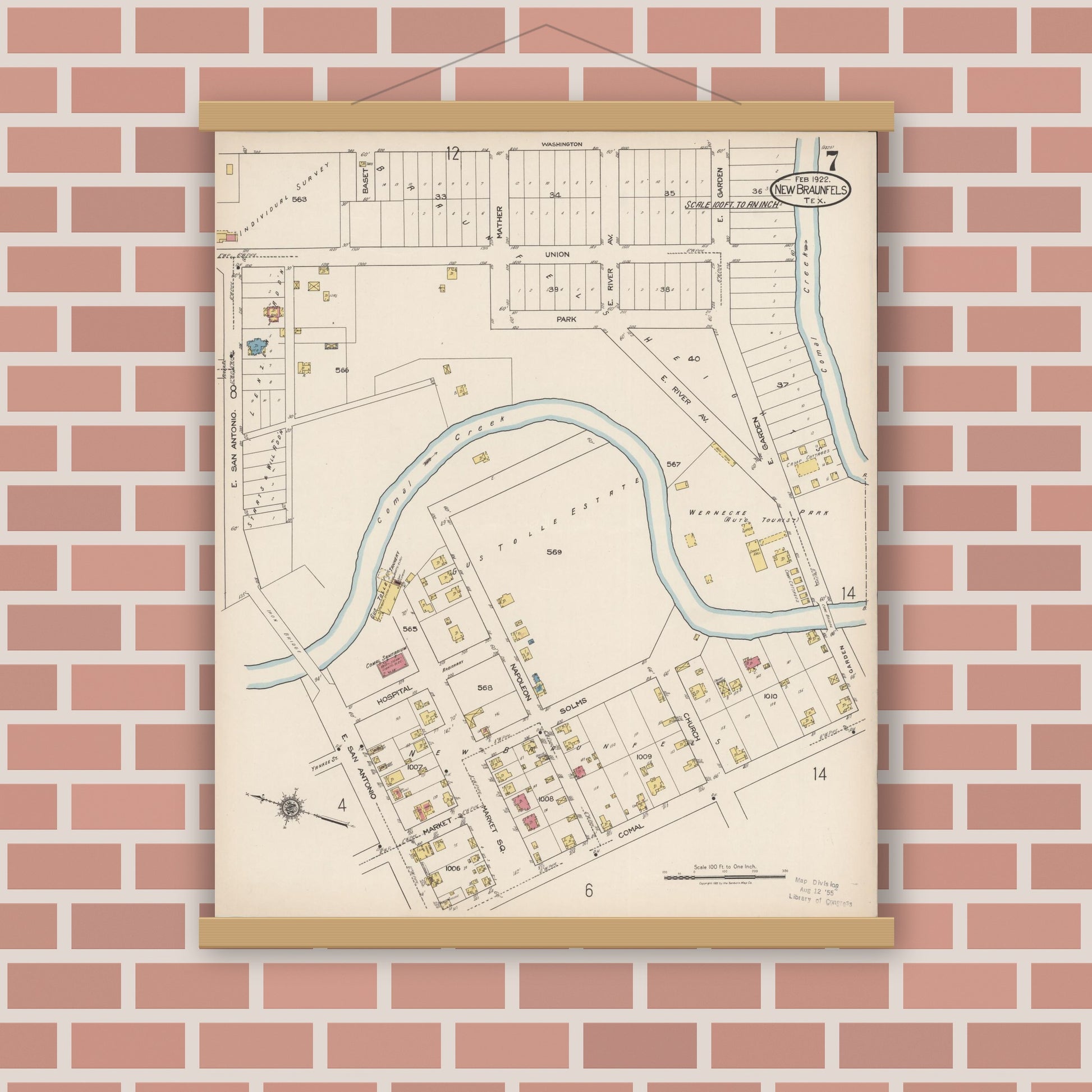 Old map wall art mockup — magnetic wood frame on brick wall — Sanborn Fire Insurance Map from New Braunfels, Comal County, Texas (1922), Sheet #0007