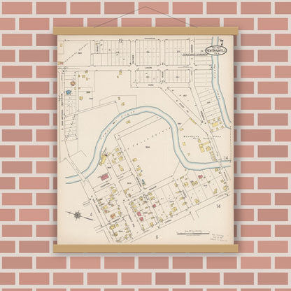 Old map wall art mockup — magnetic wood frame on brick wall — Sanborn Fire Insurance Map from New Braunfels, Comal County, Texas (1922), Sheet #0007