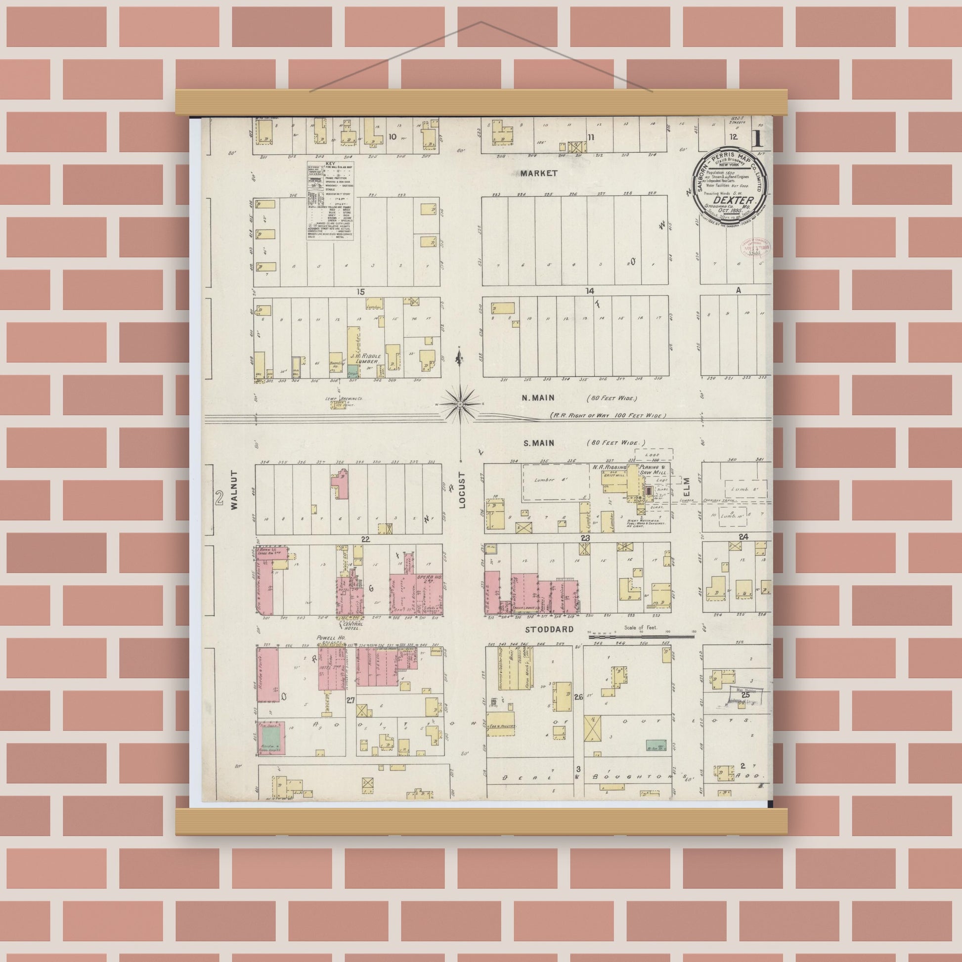 Old map wall art mockup — magnetic wood frame on brick wall — Sanborn Fire Insurance Map from Dexter, Stoddard County, Missouri (1895) - Complete Map Set