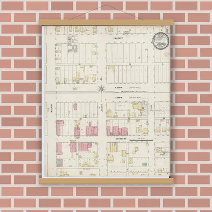 Old map wall art mockup — magnetic wood frame on brick wall — Sanborn Fire Insurance Map from Dexter, Stoddard County, Missouri (1895) - Complete Map Set