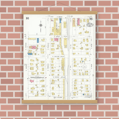 Old map wall art mockup — magnetic wood frame on brick wall — Sanborn Fire Insurance Map from Austin, Mower County, Minnesota (1926), Sheet #0016