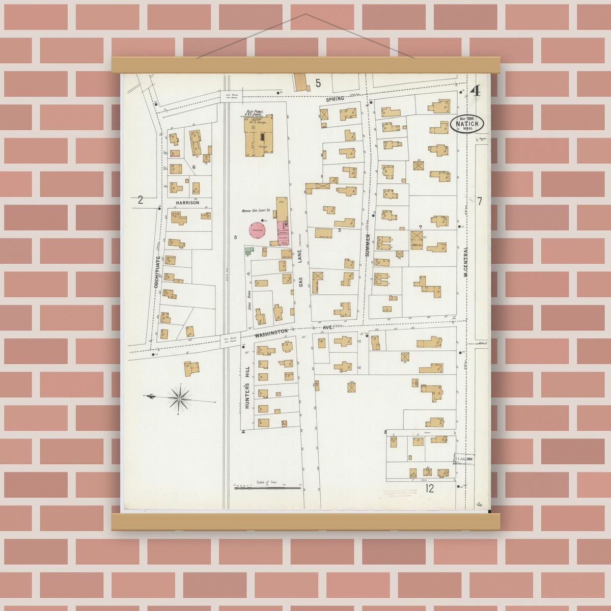 Old map wall art mockup — magnetic wood frame on brick wall — Sanborn Fire Insurance Map from Natick, Middlesex County, Massachusetts (1899), Sheet #0004