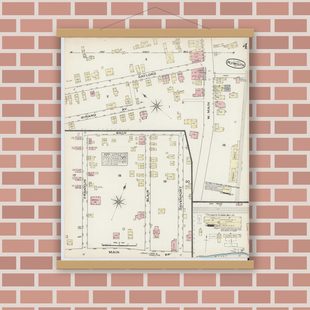 Old map wall art mockup — magnetic wood frame on brick wall — Sanborn Fire Insurance Map from Plymouth, Luzerne County, Pennsylvania (1884), Sheet #0004