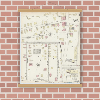Old map wall art mockup — magnetic wood frame on brick wall — Sanborn Fire Insurance Map from Plymouth, Luzerne County, Pennsylvania (1884), Sheet #0004