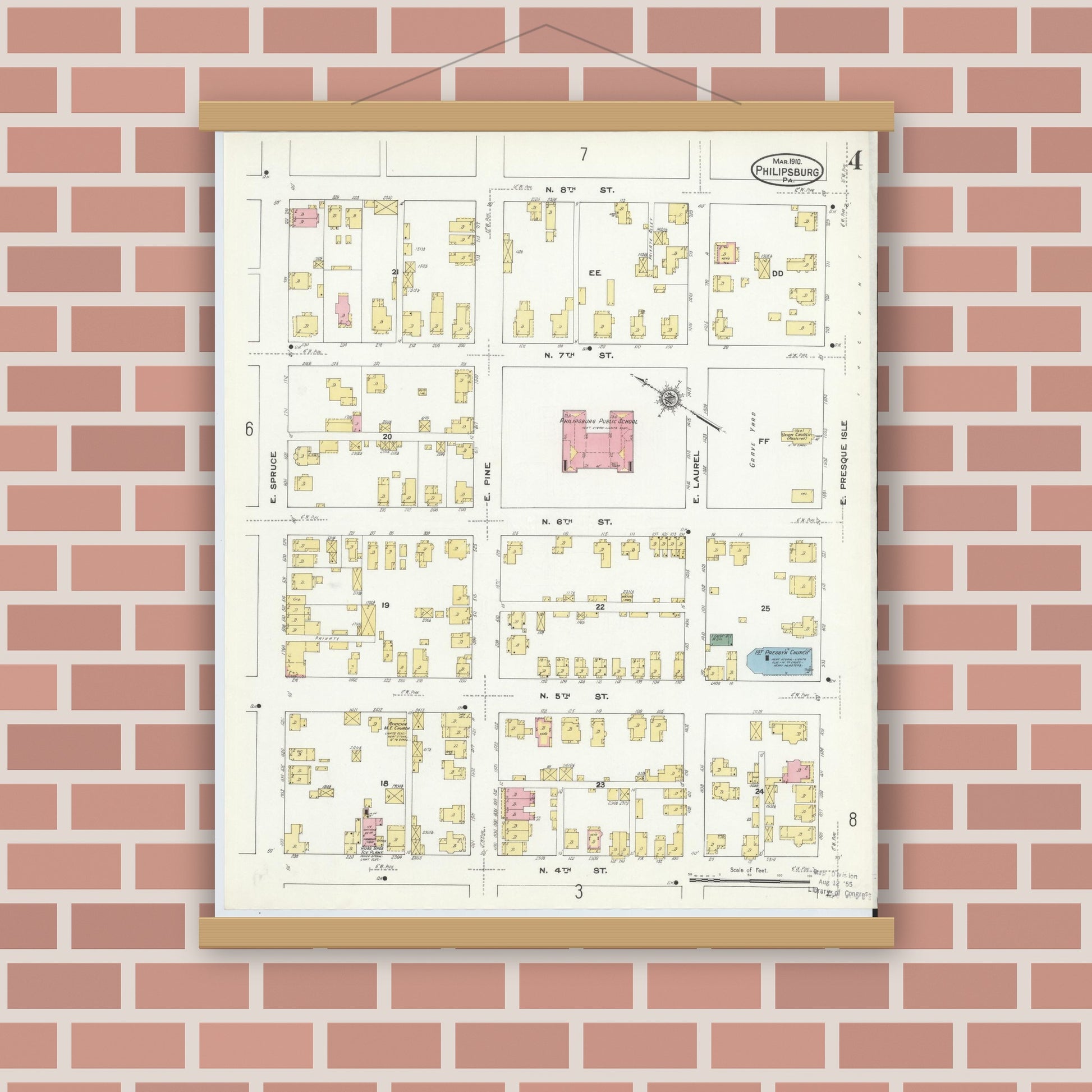 Old map wall art mockup — magnetic wood frame on brick wall — Sanborn Fire Insurance Map from Philipsburg, Centre County, Pennsylvania (1910), Sheet #0004