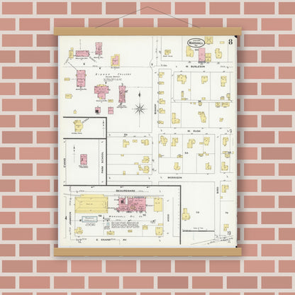 Old map wall art mockup — magnetic wood frame on brick wall — Sanborn Fire Insurance Map from Marshall, Harrison County, Texas (1909), Sheet #0008