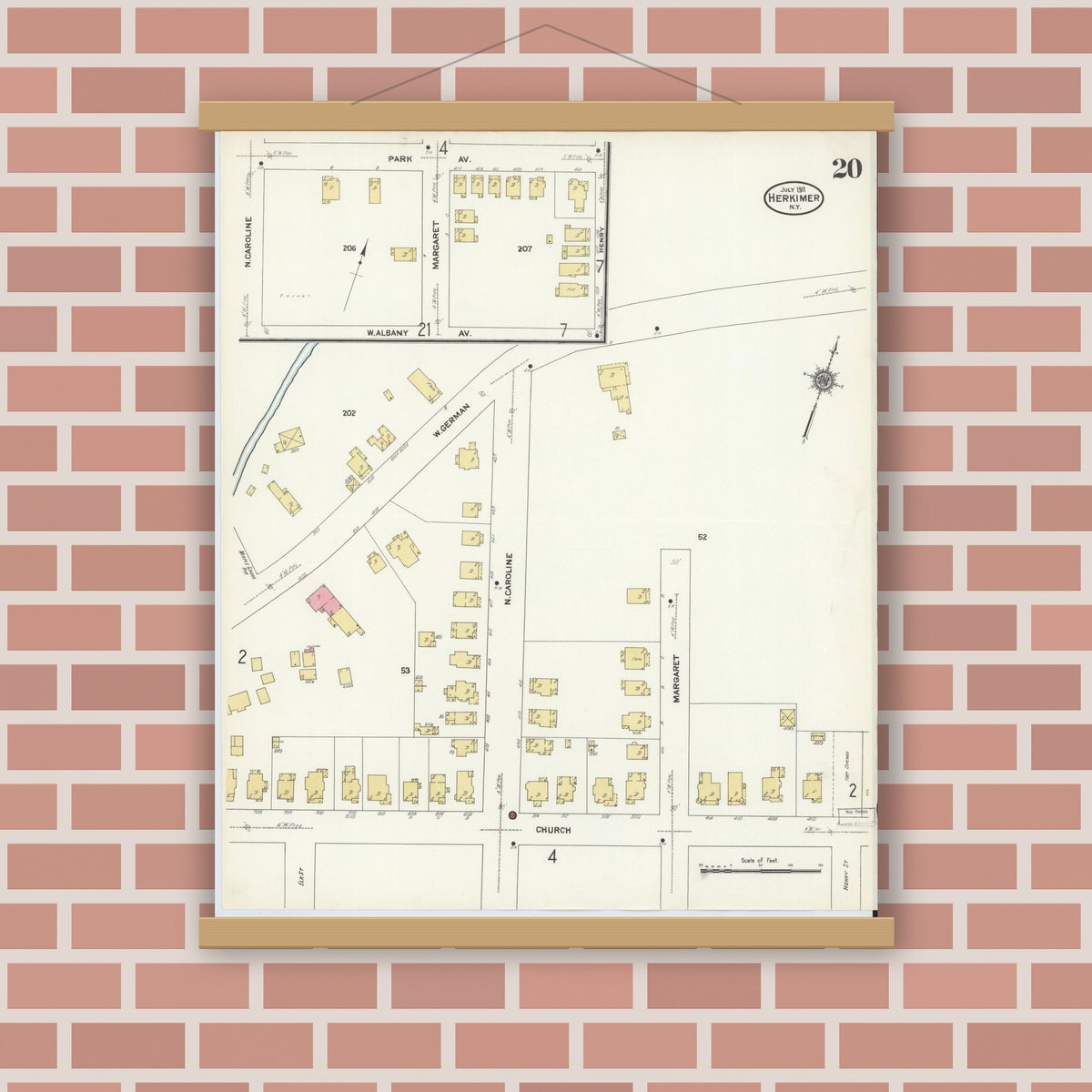Old map wall art mockup — magnetic wood frame on brick wall — Sanborn Fire Insurance Map from Herkimer, Herkimer County, New York (1911), Sheet #0020