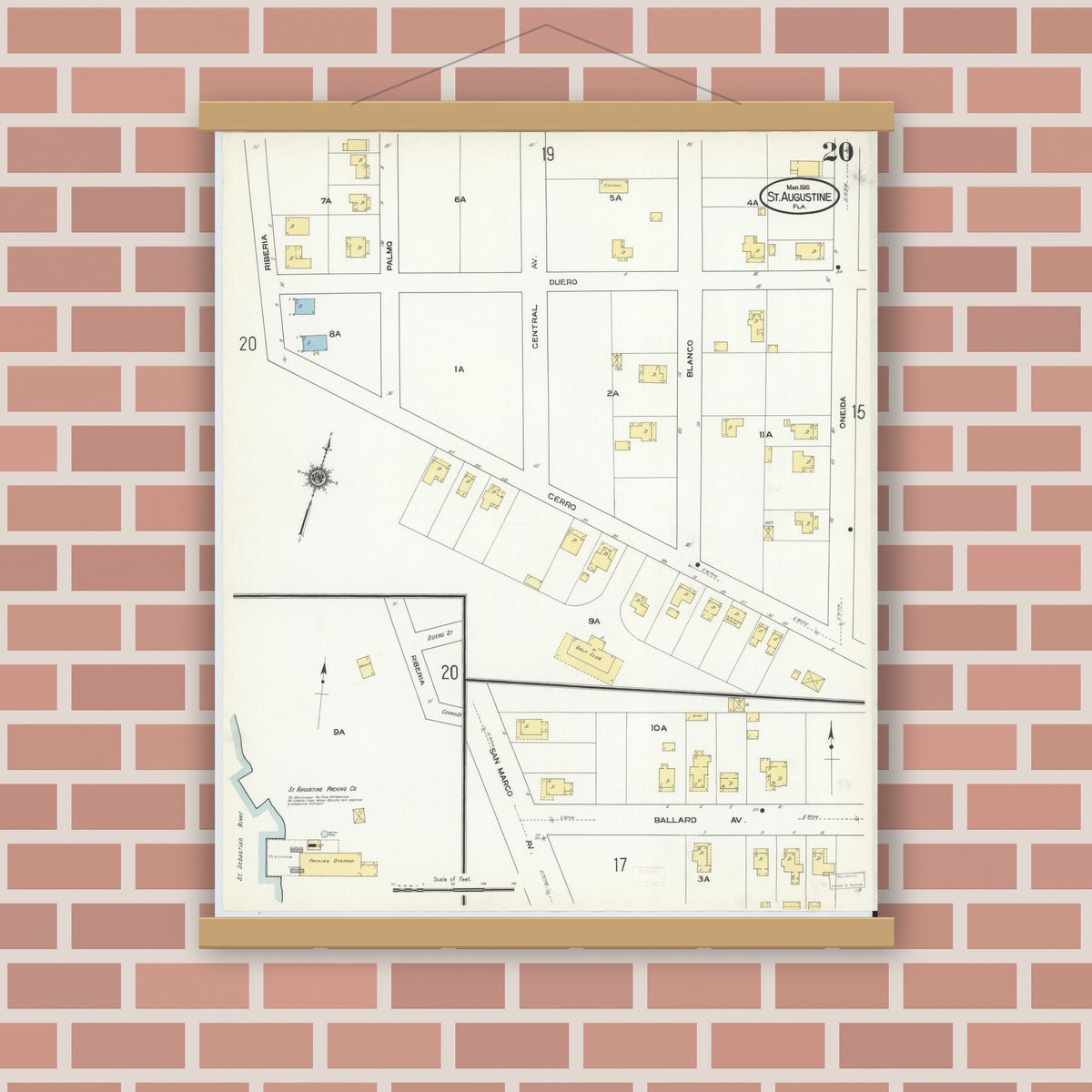 Old map wall art mockup — magnetic wood frame on brick wall — Sanborn Fire Insurance Map from Saint Augustine, Saint John's County, Florida (1910), Sheet #0020