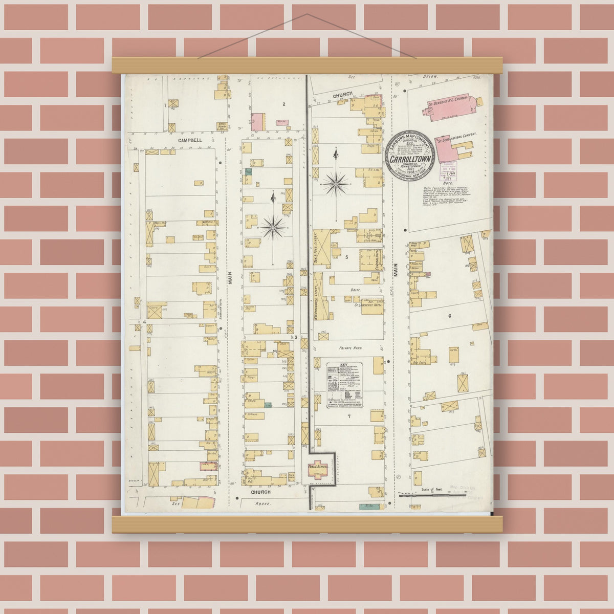 Old map wall art mockup — magnetic wood frame on brick wall — Sanborn Fire Insurance Map from Carrolltown, Cambria County, Pennsylvania (1903), Sheet #0001
