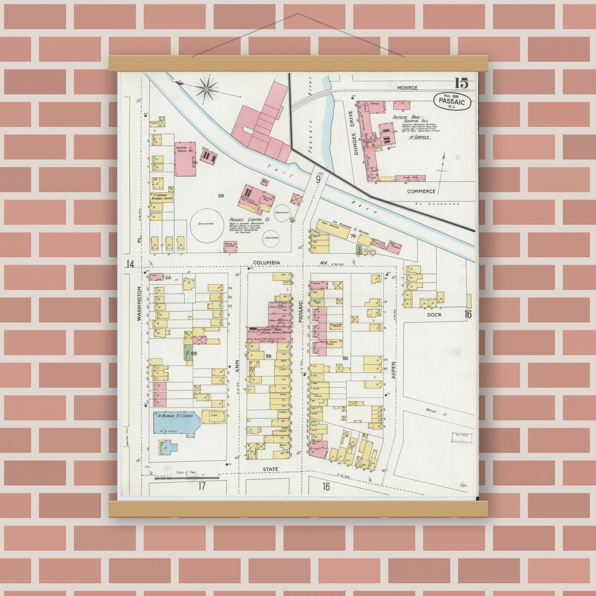 Old map wall art mockup — magnetic wood frame on brick wall — Sanborn Fire Insurance Map from Passaic, Passaic County, New Jersey (1899), Sheet #0015