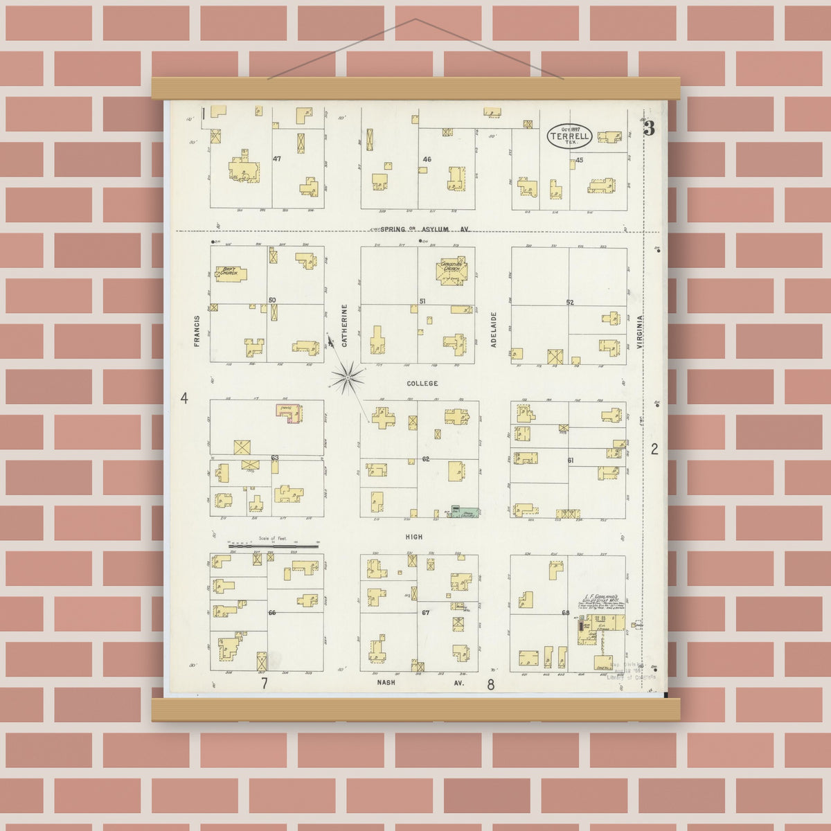 Old map wall art mockup — magnetic wood frame on brick wall — Sanborn Fire Insurance Map from Terrell, Kaufman County, Texas (1897), Sheet #0003