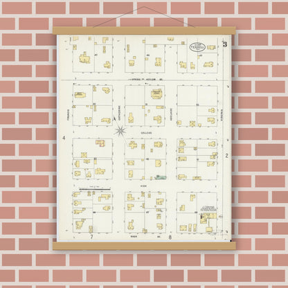 Old map wall art mockup — magnetic wood frame on brick wall — Sanborn Fire Insurance Map from Terrell, Kaufman County, Texas (1897), Sheet #0003