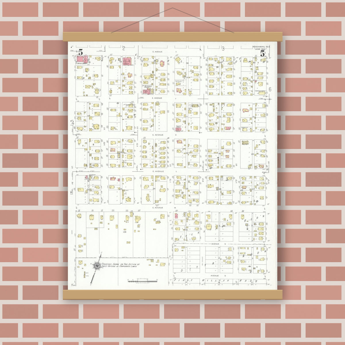 Old map wall art mockup — magnetic wood frame on brick wall — Sanborn Fire Insurance Map from Rosenberg, Fort Bend County, Texas (1942), Sheet #0005