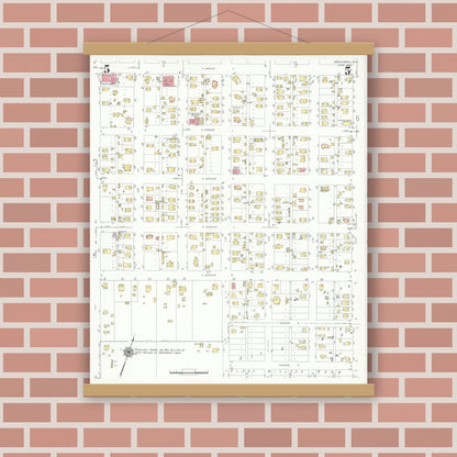 Old map wall art mockup — magnetic wood frame on brick wall — Sanborn Fire Insurance Map from Rosenberg, Fort Bend County, Texas (1942), Sheet #0005