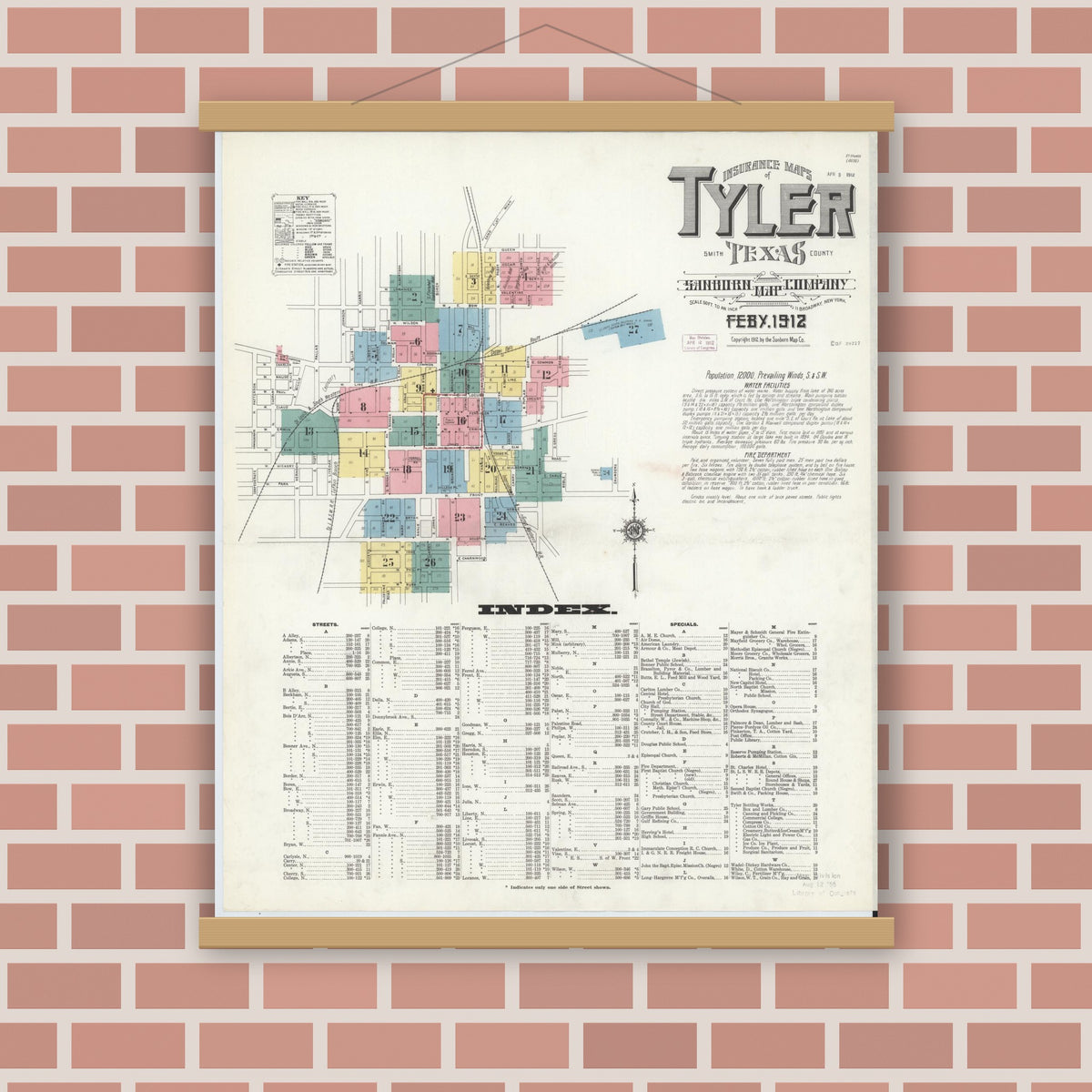 Old map wall art mockup — magnetic wood frame on brick wall — Sanborn Fire Insurance Map from Tyler, Smith County, Texas (1912), Sheet #0001